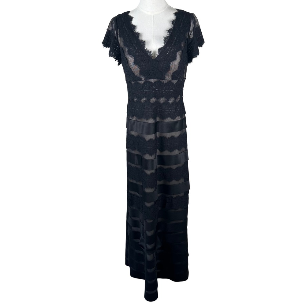 Vtg JS Collections Dress Women 10 Black Eyelash Lace Satin Gown Built In Bra